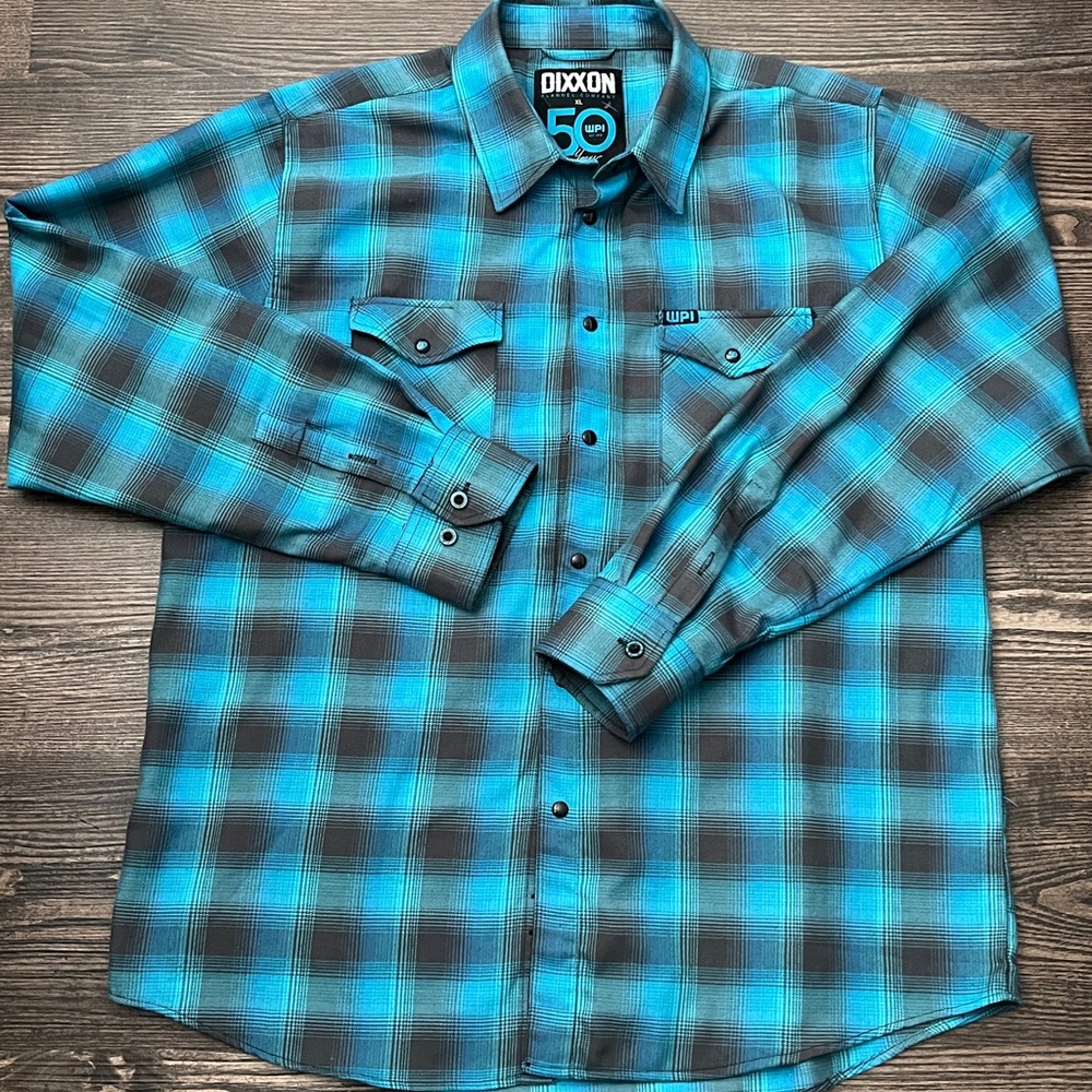 Dixxon Flannel Co Snap Shirt Men’s XL Blue Black Plaid - WPI 50th Anniversary